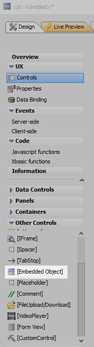 Adding an Embedded Object will display the "On-Page Window Properties".
